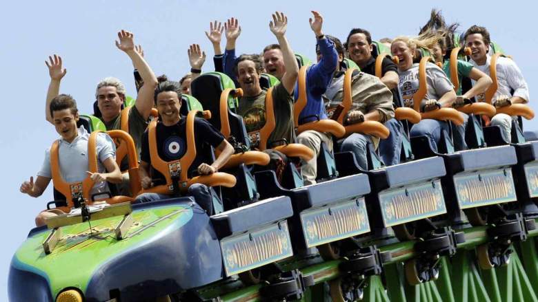 Riders take on one of Six Flag's many coasters.