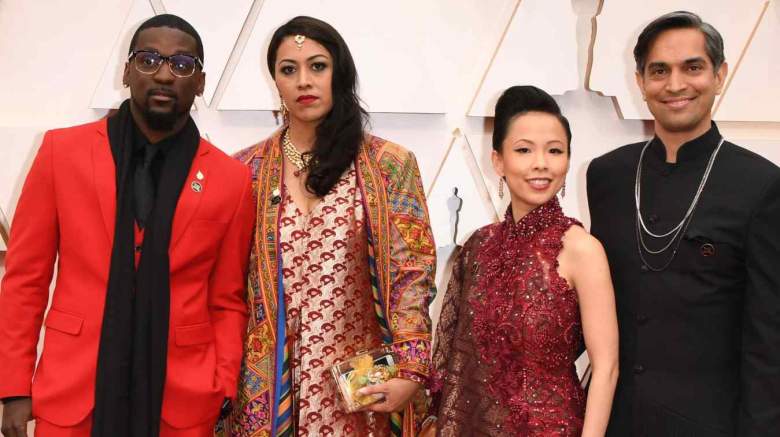 US filmmaker Sami Khan (R), US producer Smriti Mundhra (2nd L), producer Poh Si-Teng and Bruce Franks Jr. arrive for the 92nd Oscars.