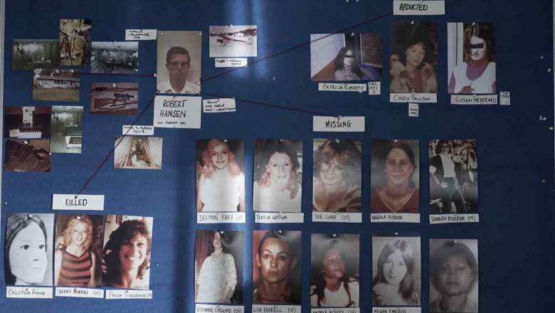 The murder and missing board, showing photos of Hansen’s victims and crime scene photos