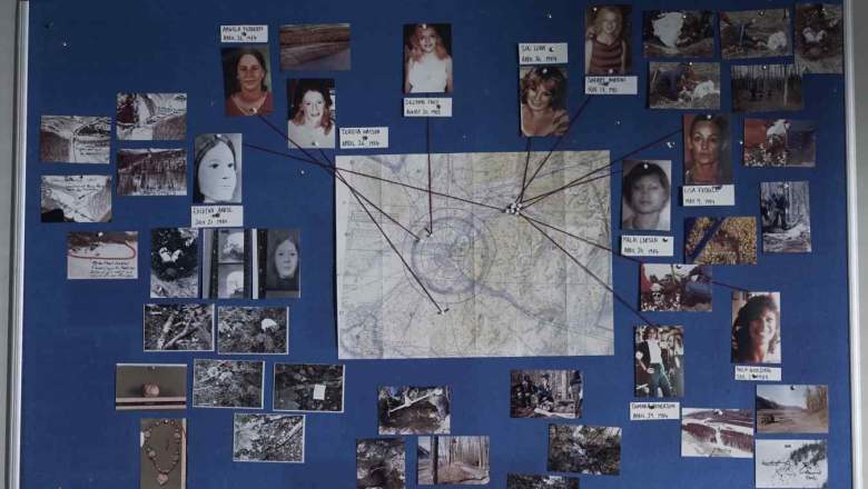 The murder map, with photos of a selection of Hansen’s victims with string pointing to where they were found, and crime scene photos