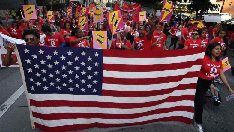 Union members, activists and their supporters march through the city during their annual May Day procession in support of workers' rights and immigrant freedom in Los Angeles on May 1, 2019. - May Day has been an international workers' celebration for more than 130 years.