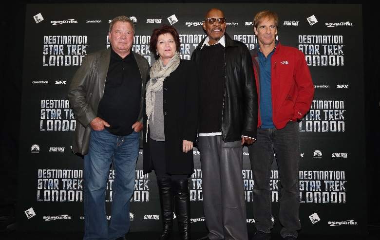 William Shatner, Kate Mulgrew, Avery Brooks, Scott Bakula, who played Captains in the Star Trek series pose for a photograph at the 'Destination Star Trek London' convention at the ExCeL centre on October 19, 2012