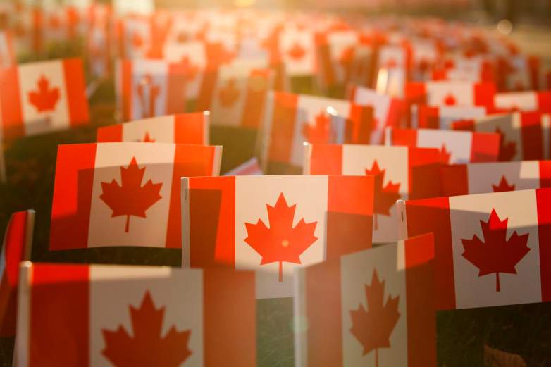 Miniature Canadian Flags are seen outside the Sunnybrook Hospital on November 10, 2020 ahead of Remembrance Day in Toronto, Ontario, Canada