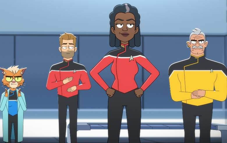 Gillian Vigman as Dr. T'ana, Jerry O'Connell as Commander Ransom, Dawnn Lewis as Captain Freeman and Fred Tatasciore as Lieutenant Shaxs of the CBS All Access series STAR TREK: LOWER DECKS