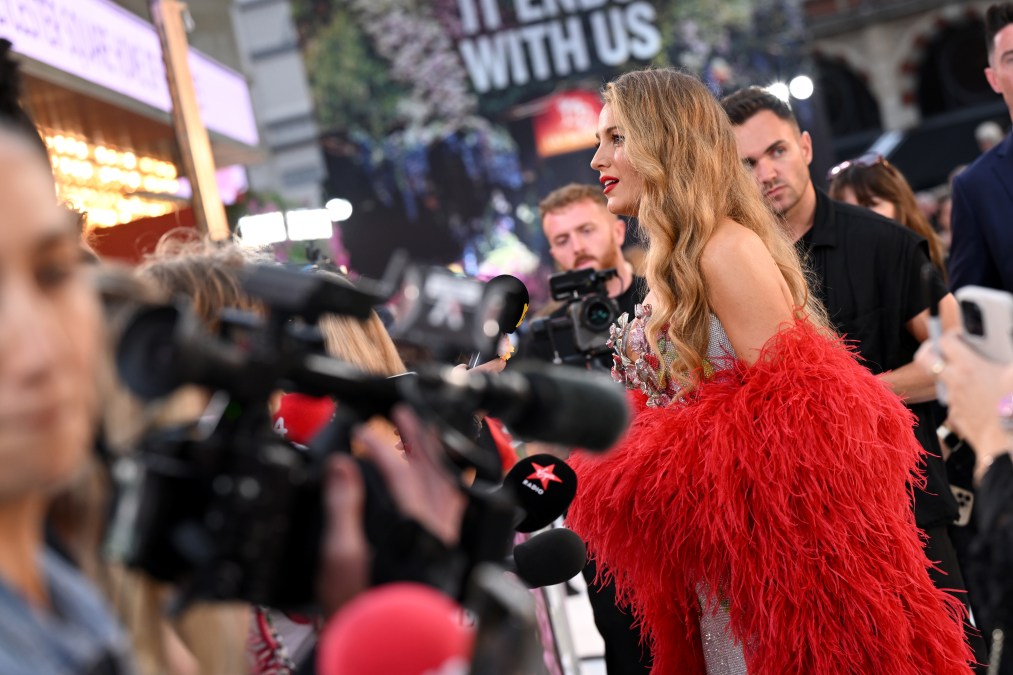 Blake Lively in front of cameras at the "It Ends With Us" UK Gala Screening on August 08, 2024 in London, England.