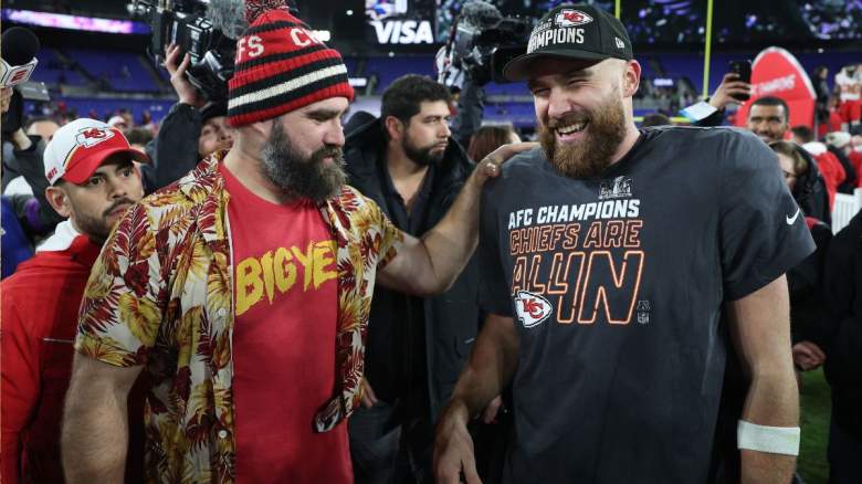 Jason Kelce and Travis Kelce celebrating the Kansas City Chiefs AFC Championship