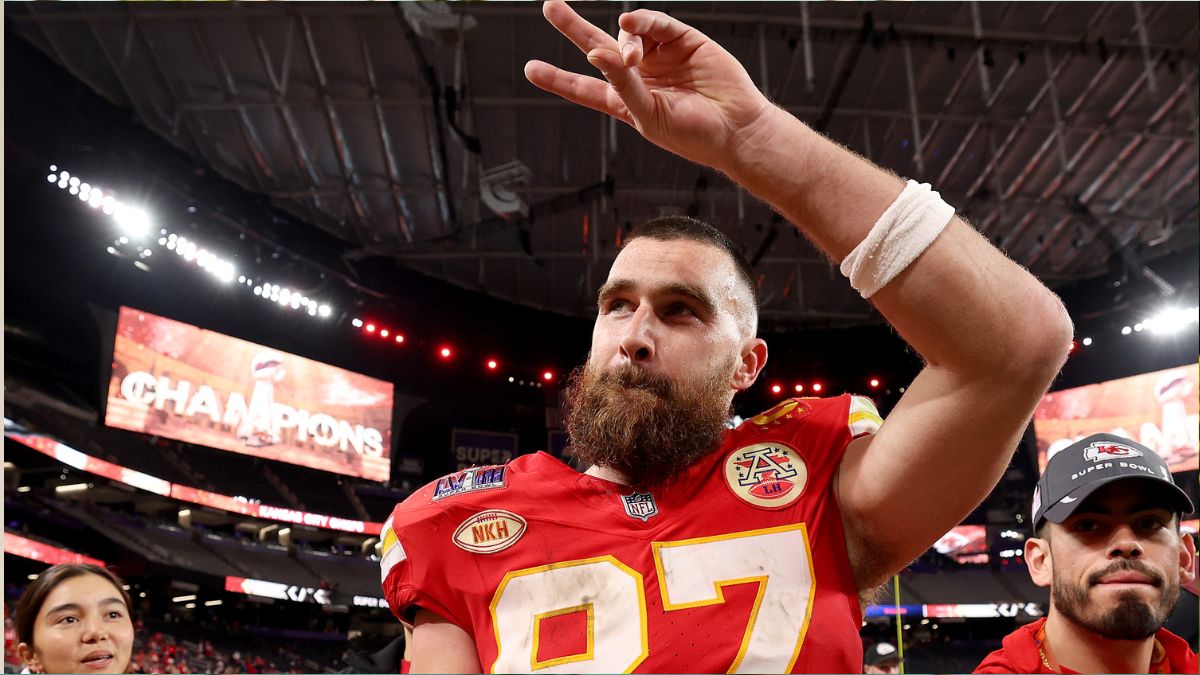 Travis Kelce #87 of the Kansas City Chiefs reacts after defeating the San Francisco 49ers 25-22 during Super Bowl LVIII at Allegiant Stadium on February 11, 2024 in Las Vegas, Nevada