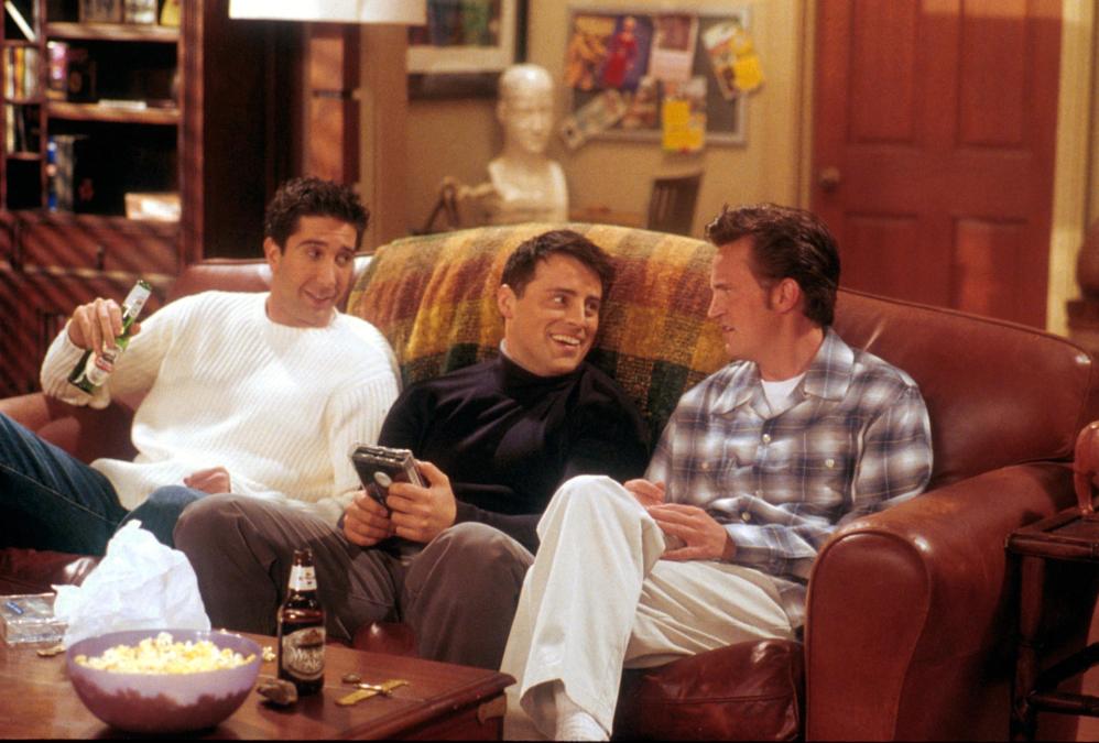 David Schwimmer, as Ross, Matt LeBlanc, as Joey, and Matthew Perry as Chandler