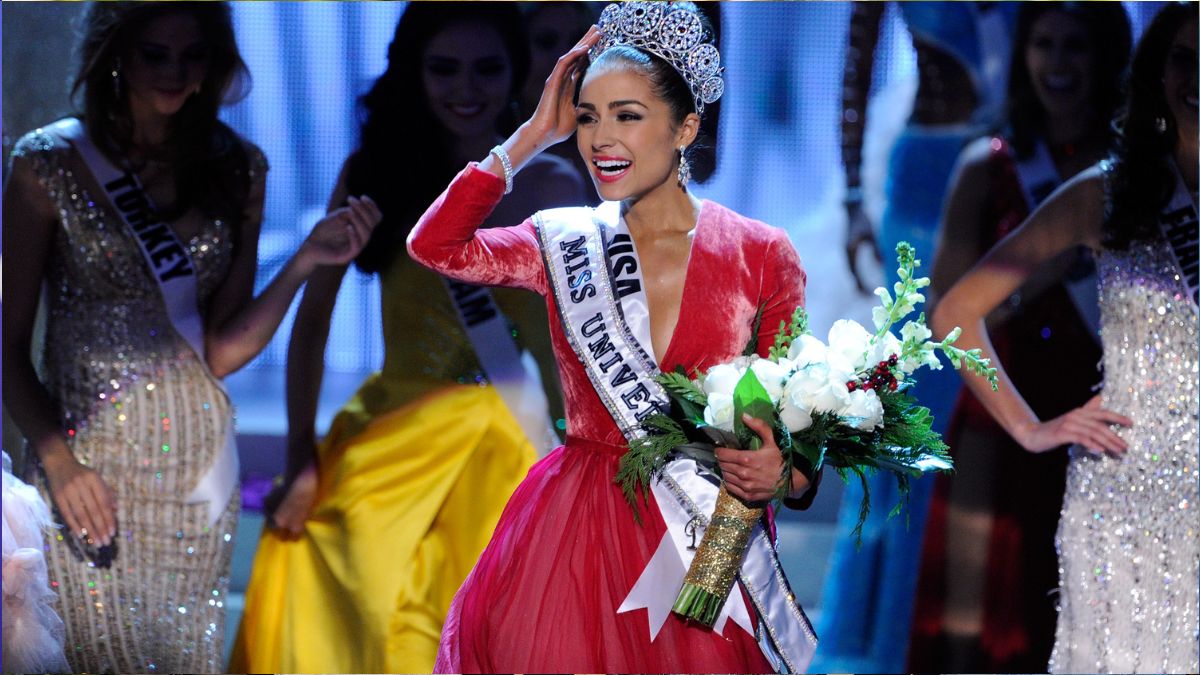 Olivia Culpo, reacts after being named the 2012 Miss Universe during the 2012 Miss Universe Pageant at PH Live at Planet Hollywood Resort & Casino on December 19, 2012