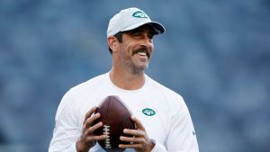 Aaron Rodgers #8 of the New York Jets throws the ball during warmups before the first half of a preseason game against the Tampa Bay Buccaneers at MetLife Stadium on August 19, 2023 in East Rutherford, New Jersey