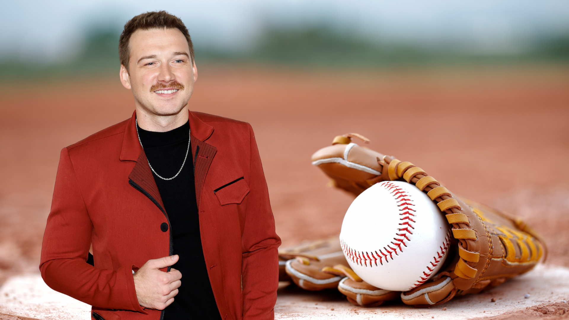 Morgan Wallen wears a red jacket next to a baseball glove