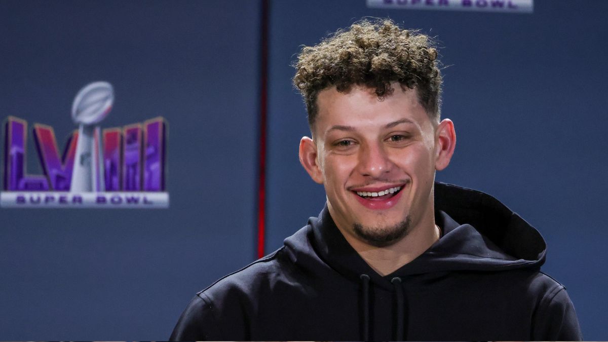 Quarterback Patrick Mahomes #15 of the Kansas City Chiefs answers questions during a news conference for the winning head coach and MVP of Super Bowl LVIII at the Mandalay Bay Convention Center on February 12, 2024