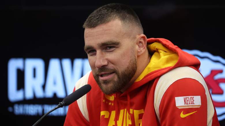 Travis Kelce talks to the media during a Kansas City press conference
