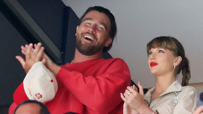 Travis Kelce, left, and Taylor Swift react as the Edmonton Oilers and the Florida Panthers play during the first period in Game Four of the 2025 Stanley Cup Final at Amerant Bank Arena on June 12, 2025