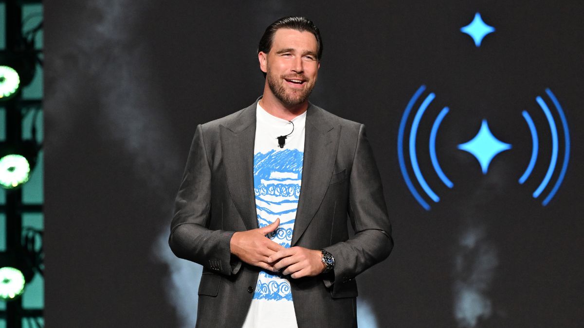 Travis Kelce speaks onstage during Amazon's Upfront 2025 Presentation at Beacon Theatre