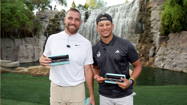 Travis Kelce (L) and Patrick Mahomes pose for photos after winning Capital One's The Match VIII - Curry & Thompson vs. Mahomes & Kelce at Wynn Golf Club on June 29, 2023 in Las Vegas, Nevada