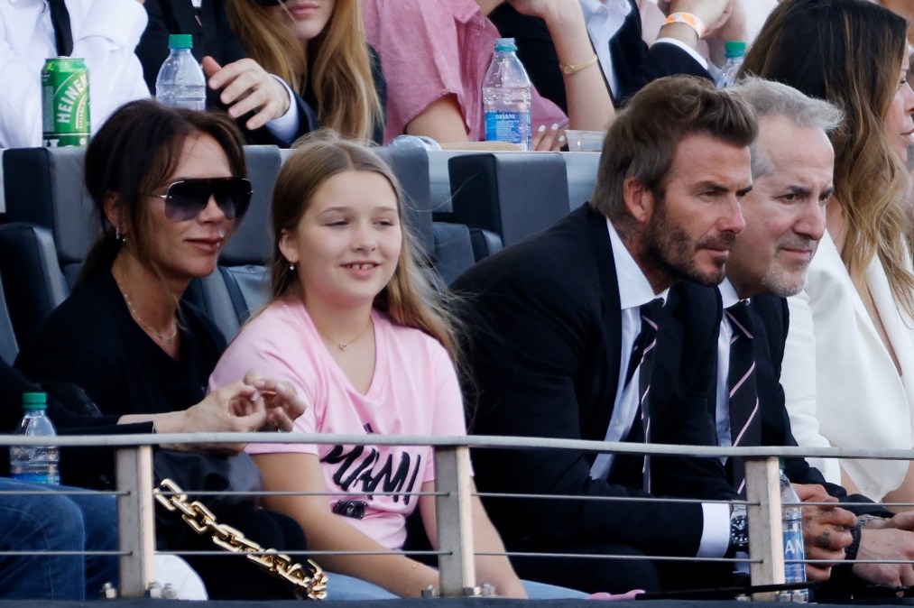  David Beckham, owner of Inter Miami CF, wife Victoria Beckham (L) and their daughter Harper Beckham 