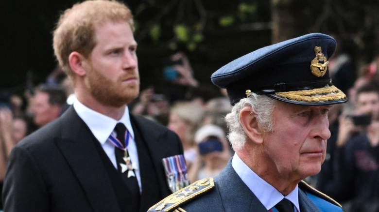 Britain's King Charles III and Britain's Prince Harry, Duke of Sussex walk behind the coffin of Queen Elizabeth II, adorned with a Royal Standard and the Imperial State Crown and pulled by a Gun Carriage of The King's Troop Royal Horse Artillery, during a procession from Buckingham Palace to the Palace of Westminster