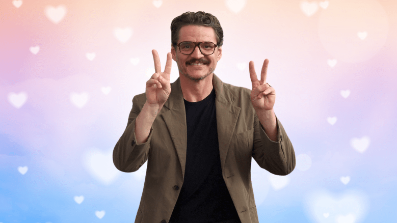Pedro Pascal in front of a multi-colored hearts background