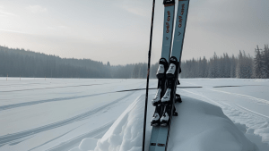 Skis propped up against a snow dune in a field