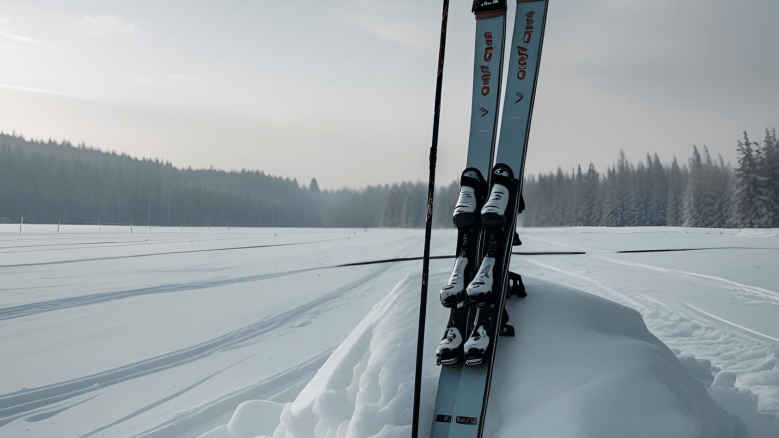 Skis propped up against a snow dune in a field