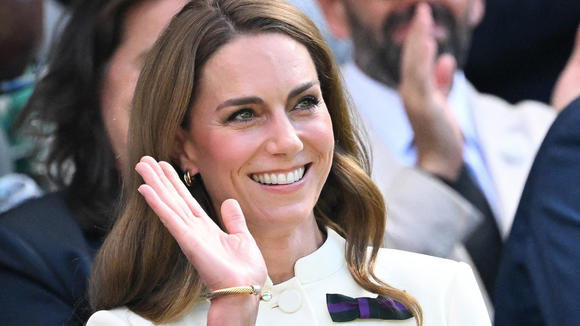 Britain's Catherine, Princess of Wales waves at Wimbledon 2025