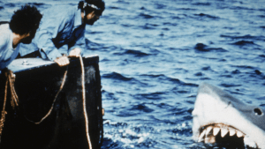 Actors Richard Dreyfuss (L) and Robert Shaw in a still from the film, 'Jaws,' directed by Steven Spielberg.