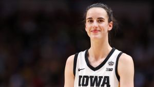 Caitlin Clark #22 of the Iowa Hawkeyes reacts during the second half against the LSU Lady Tigers