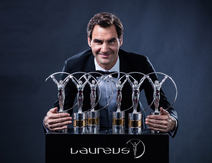 Tennis player Roger Federer holds his 6 Laureus World Awards after the 2018 Laureus World Sports Awards at Salle des Etoiles, Sporting Monte-Carlo on February 27, 2018 in Monaco, Monaco. 