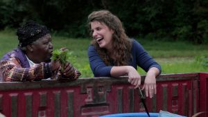 Vivian Howard, right, who runs the Chef & The Farmer restaurant, chats with Lillie Hardy at Warren Brothers' farm in La Grange, NC, on Thursday, Sep 25, 2014
