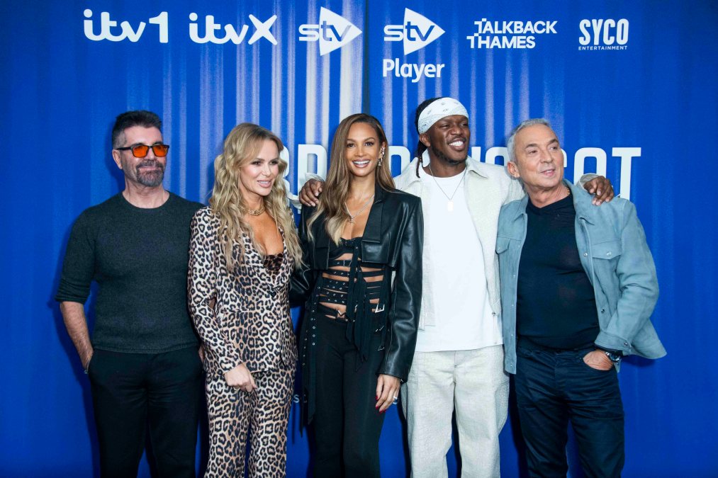Bruno Tonioli, KSI, Simon Cowell, Amanda Holden, and Alesha Dixon pose for "Britian's Got Talent" season 18.