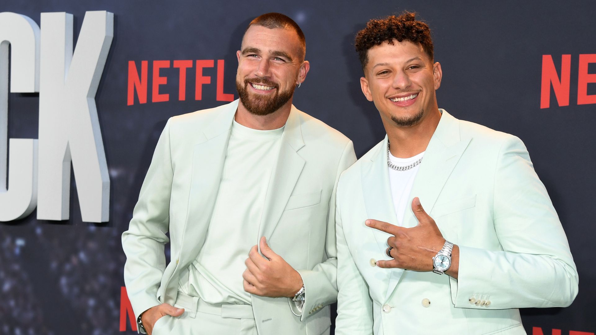 Travis Kelce and Patrick Mahomes attend the Los Angeles Premiere Of Netflix's "Quarterback" at TUDUM Theater on July 11, 2023 in Hollywood, California