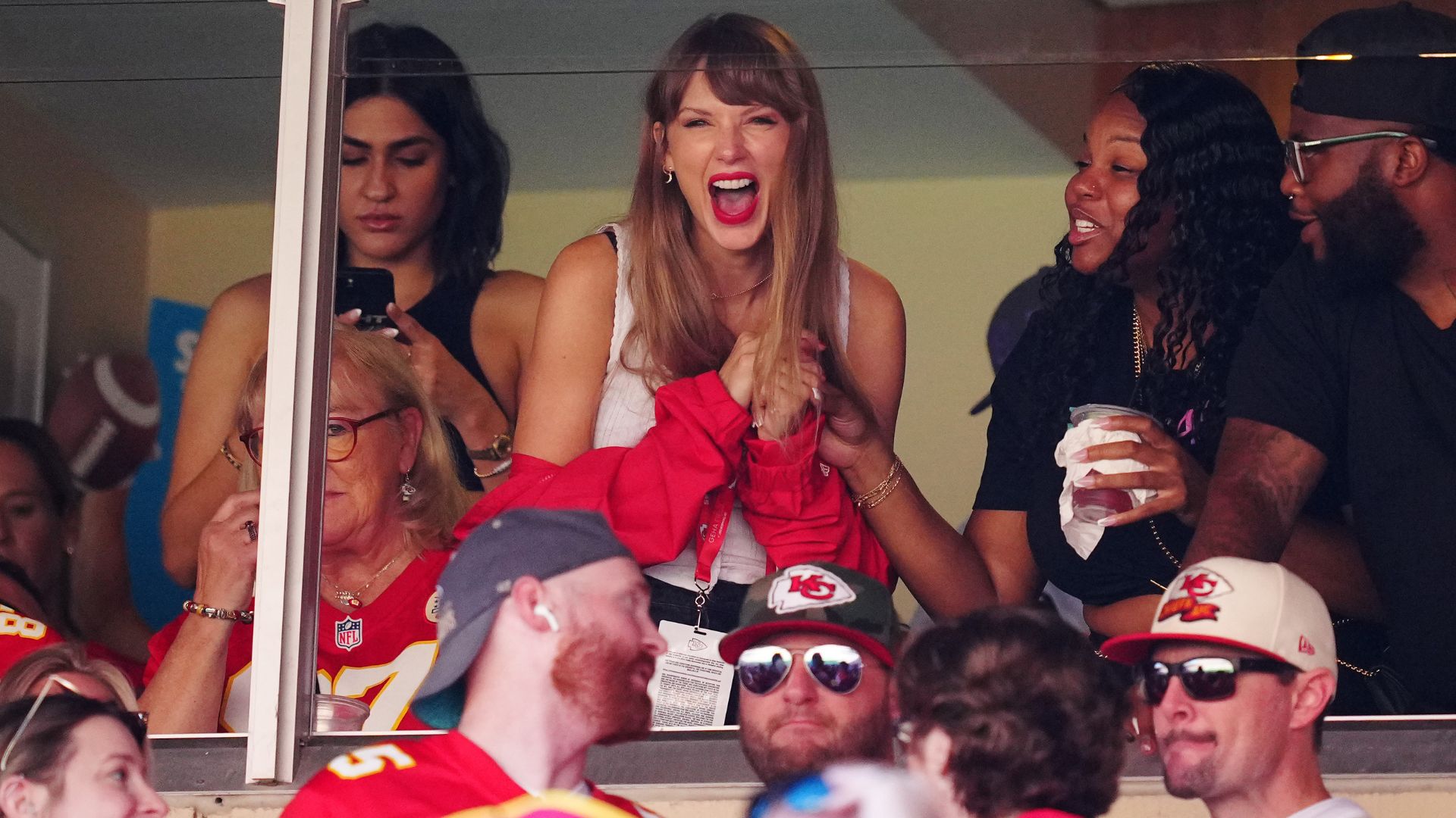 Taylor Swift reacts during the first half of a game between the Chicago Bears and the Kansas City Chiefs