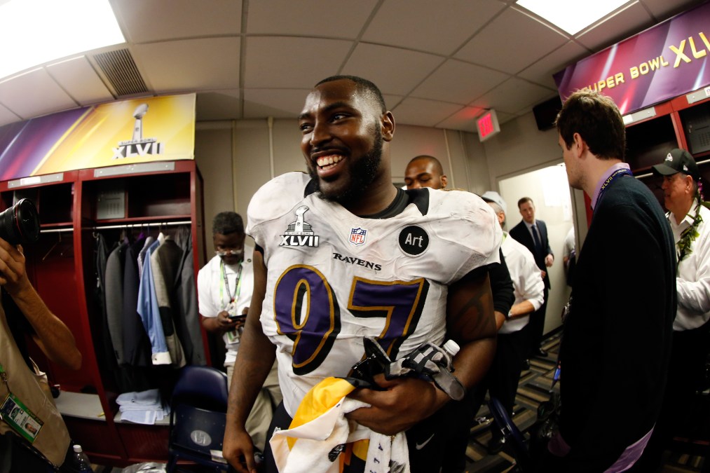 Arthur Jones celebrates Super Bowl win in 2013.