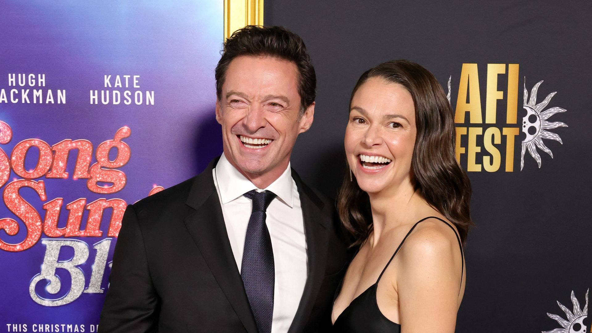 Hugh Jackman and Sutton Foster attend closing night gala premiere of "Song Sung Blue" during 2025 AFI FEST at TCL Chinese 6 Theatres on October 26, 2025 in Hollywood, California