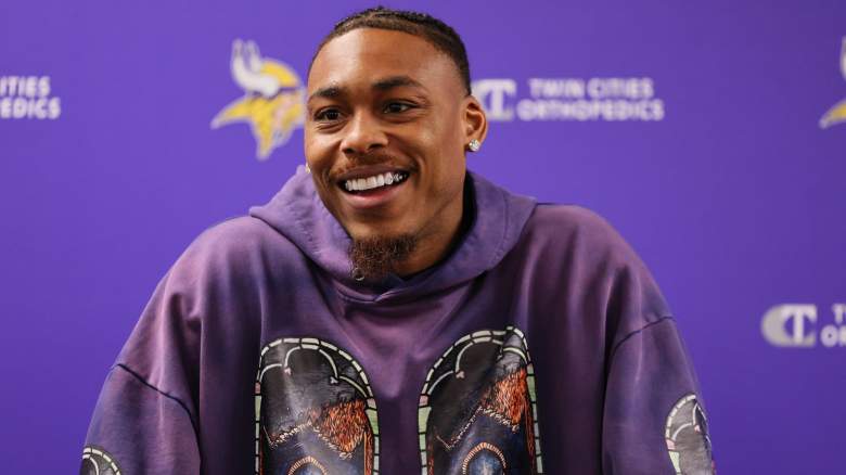 Justin Jefferson #18 of the Minnesota Vikings addresses the media in a press conference announcing a $140 million, four year contract extension at Twin Cities Orthopedics Performance Center during Minnesota Vikings mandatory minicamp on June 04, 2024 in Eagan, Minnesota