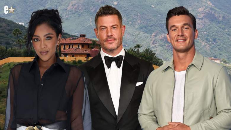 Tayshia Adams, Jesse Palmer, and Tyler Cameron with the Bachelor Mansion behind them