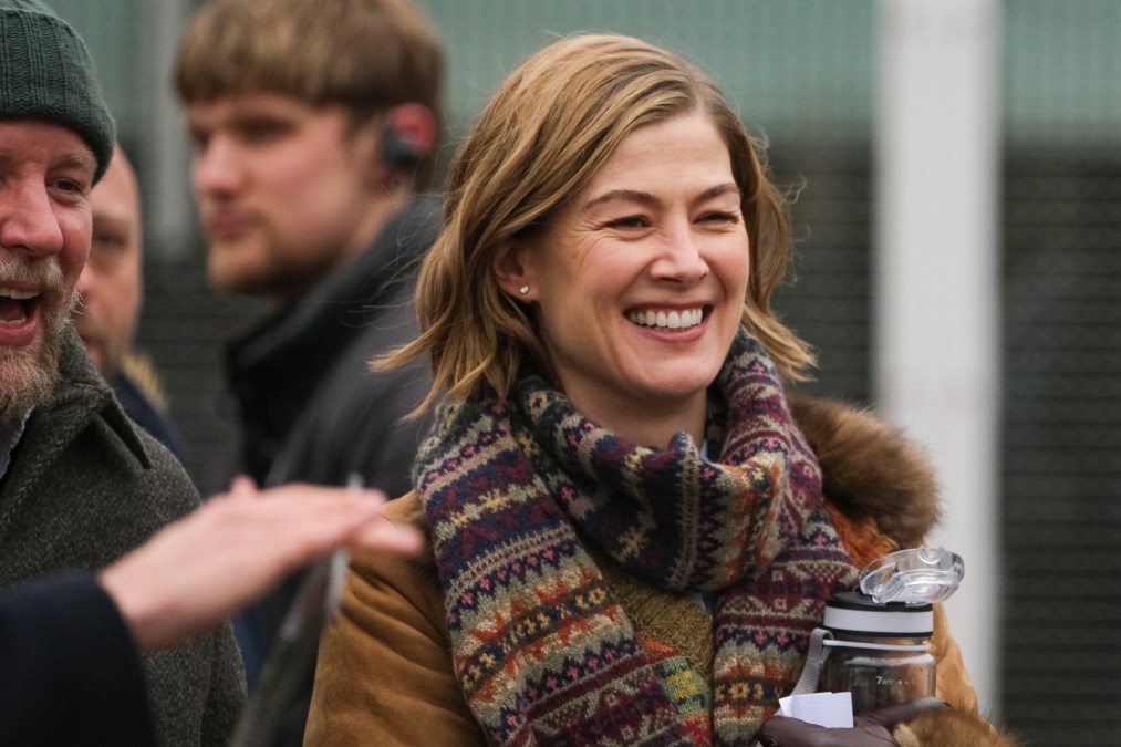 Actress Rosamund Pike seen filming at Sandown Park Racecourse on February 13, 2025 