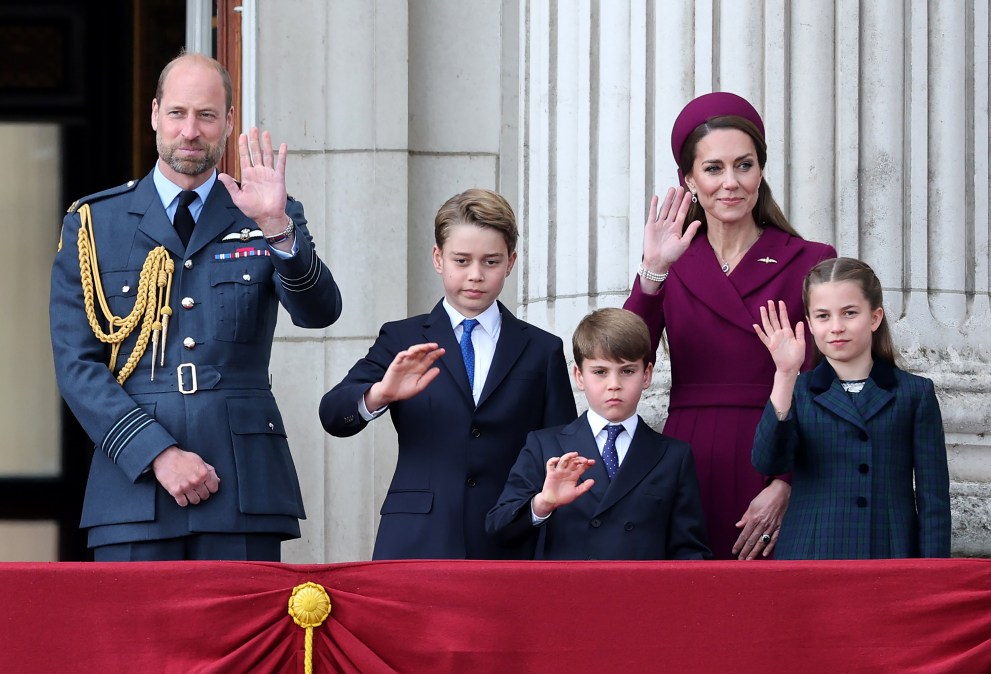 Prince George of Wales, Prince Louis of Wales, Catherine, Princess of Wales and Princess Charlotte of Wales on the balcony of Buckingham Palace