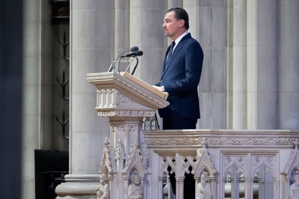 Actor Leonardo DiCaprio speaks during funeral services for Jane Goodall