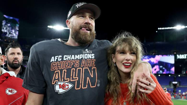 Travis Kelce #87 of the Kansas City Chiefs celebrates with Taylor Swift after a 17-10 victory against the Baltimore Ravens in the AFC Championship Game at M&T Bank Stadium on January 28, 2024 in Baltimore, Maryland