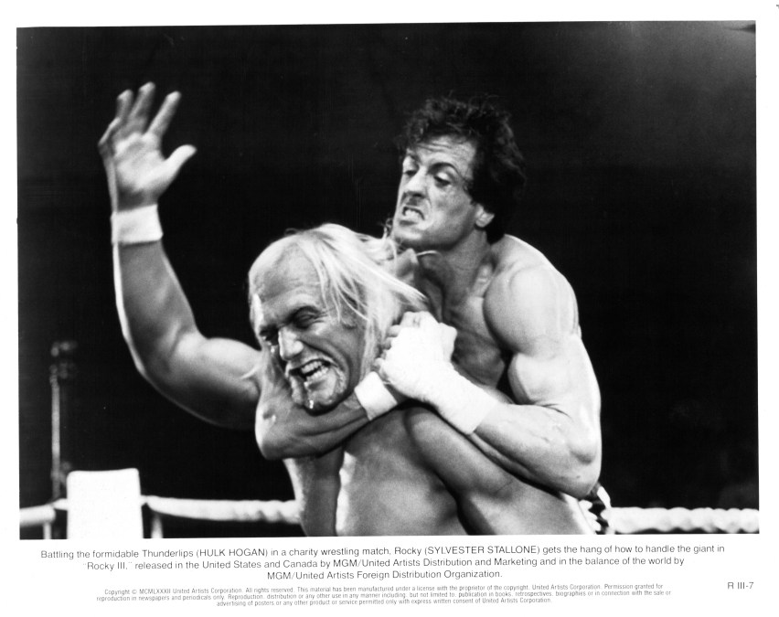 Actor Sylvester Stallone and actor Hulk Hogan on set of the MGM/United Artist movie "Rocky III" in 1982. 