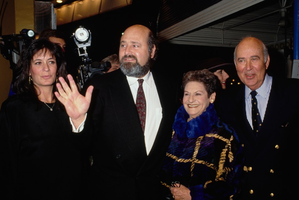 American photographer Michele Singer, her husband American film director Rob Reiner, Reiner's mother American actress Estelle Reiner, and father American actor and film director Carl Reiner attend the Westwood premiere of 'Misery', held at the Mann Village Theater in the Westwood neighbourhood of Los Angeles, California, 29th November 1990. The film, adapted from the novel by Stephen King, was directed Rob Reiner.  