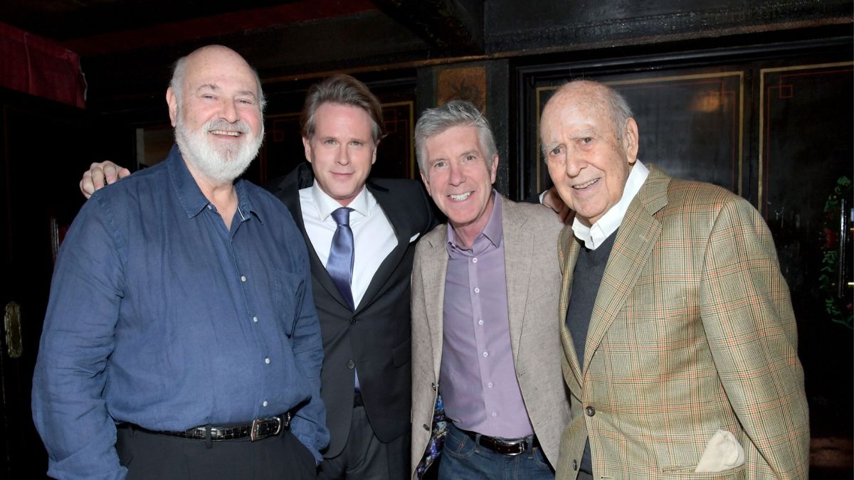 Honoree Rob Reiner, actor Cary Elwes, tv personality Tom Bergeron and honoree Carl Reiner attend the Carl and Rob Reiner Hand and Footprint Ceremony during the 2017 TCM Classic Film Festival on April 7, 2017 in Los Angeles, California. 26657_003 (Photo by Charley Gallay/Getty Images for TCM)
