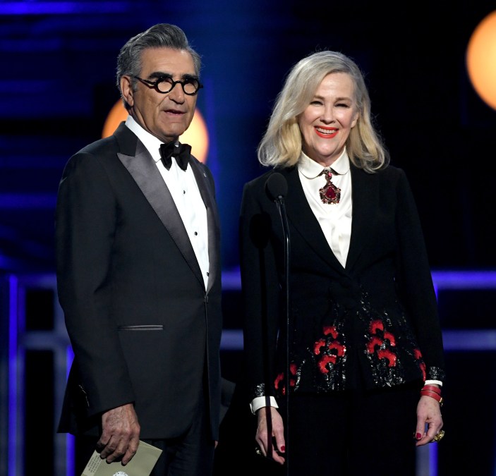 Eugene Levy and Catherine O'Hara speak onstage during the Critics' Choice Awards