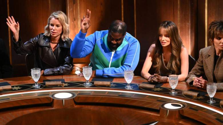 THE TRAITORS -- "The Death Conga" Episode 402 -- Pictured: (l-r) Rob Rausch, Mark Ballas, Porsha Williams, Rob Cesternino, Tara Lipinski, Alan Cumming, Stephen Colletti, Caroline Stanbury, Ron Funches, Maura Higgins, Lisa Rinna, Colton Underwood, Donna Kelce, Eric Nam, Monét X Change, Caroline Stanbury