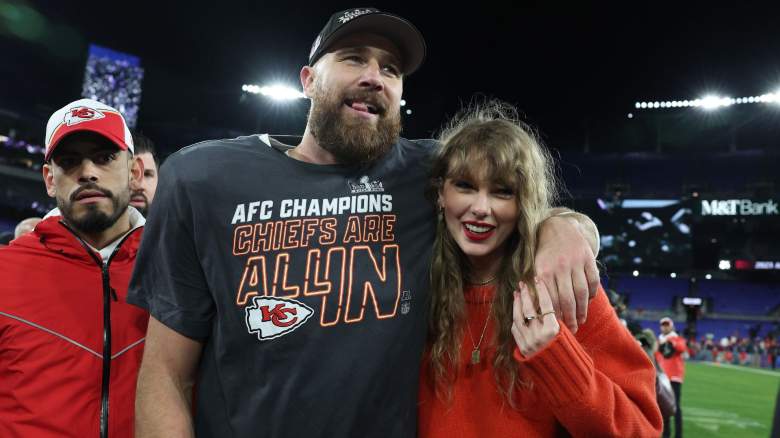 Travis Kelce #87 of the Kansas City Chiefs celebrates with Taylor Swift after a 17-10 victory against the Baltimore Ravens in the AFC Championship Game at M&T Bank Stadium on January 28, 2024 in Baltimore, Maryland