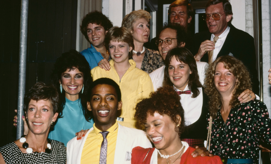 Carol Burnett with British actor Darnell Williams, American actress Debbi Morgan, and American actress Susan Lucci with 'All My Children' cast members, July 1982.