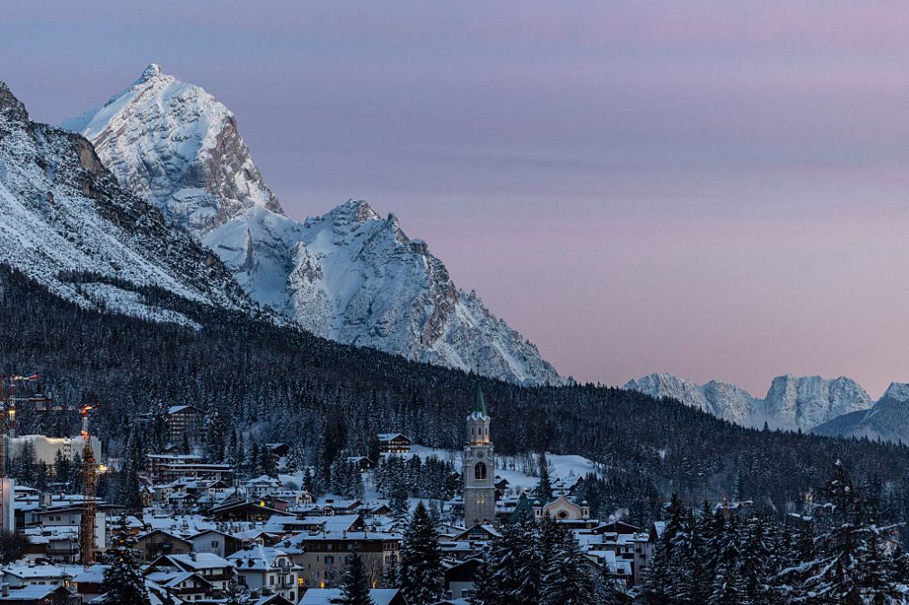 General view on the Cortina d'Ampezzo covered in snow during sunset ahead of the Milano Cortina 2026 Winter Olympics