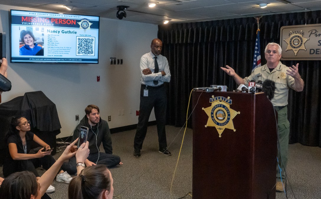 Pima County Sheriff, Chris Nanos speaks to the media on February 3, 2026 in Tucson, Arizona. 